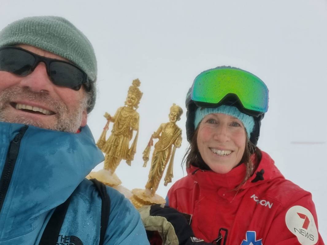 Huw and Rhylla skiing with Hindu gods