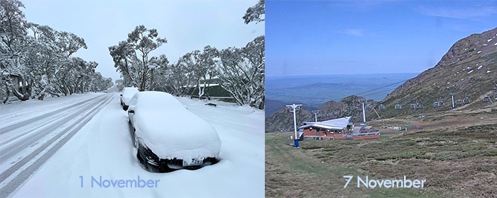 Deep snow on 1 November image followed by a sunny image of the summit a week later