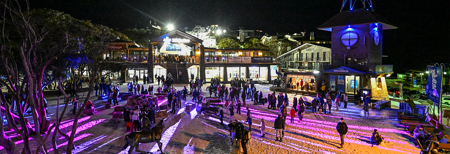 Mt Buller village is bathed in light for the opening of the Alpine Aurora